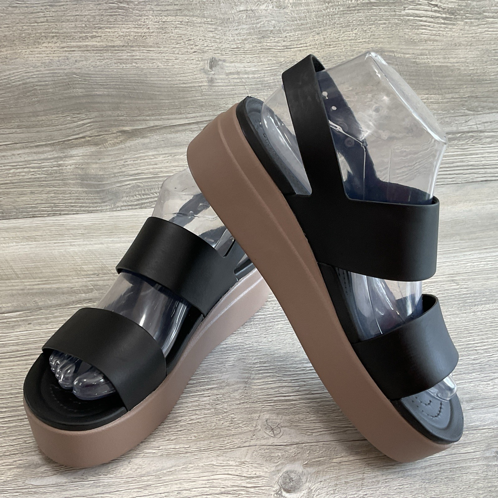 Crocs Literide Brooklyn Platform Black Slingback Beige Wedge Sandle Women’s 9 US