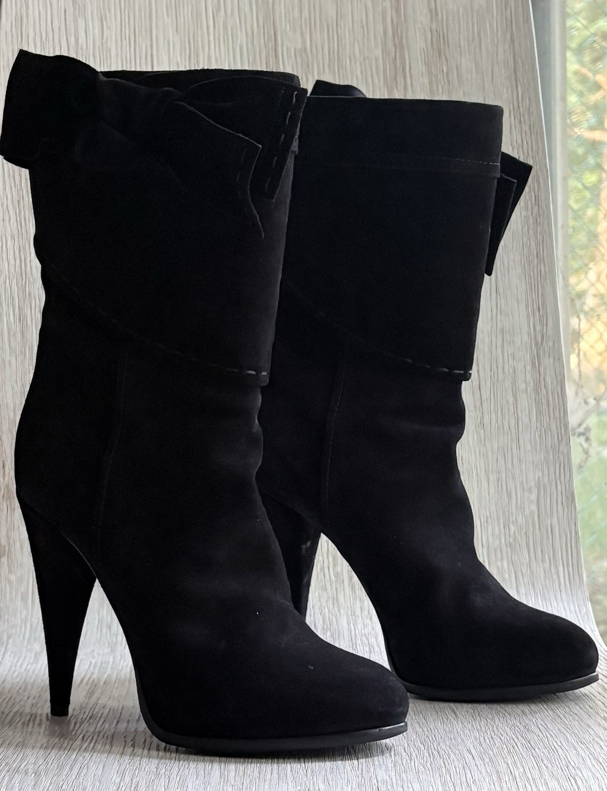 Christian Dior Women’s Black Suede Slouch Boots 38.5 Cuffed Cone Heel Mid-Calf