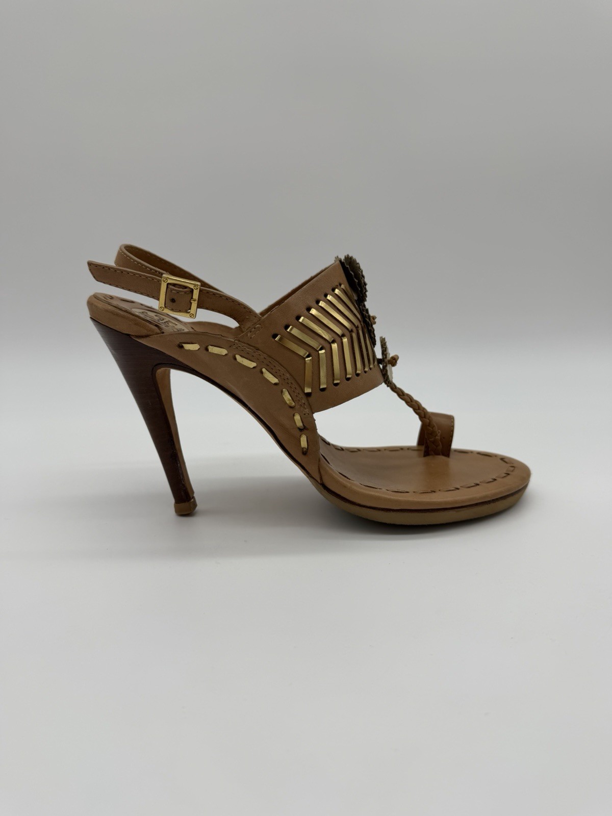 Tory Burch Caylan Leather Sandals Tan Gold Toe Ring Boho Style Heels Tribal Sz 8