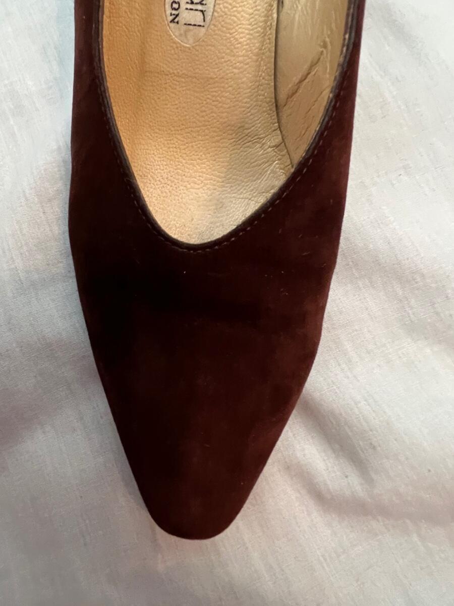 DAVID AARON sz 5 brown suede gold enamel 3″ heel shoes pumps WOW