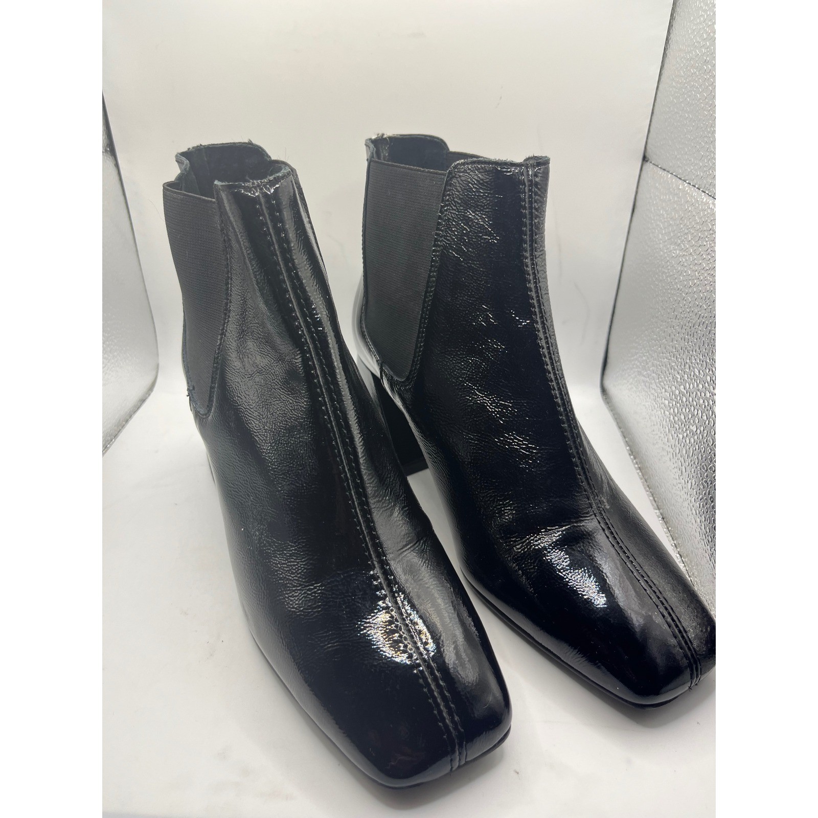L’Intervalle Patent Leather Ankle Boots Square Toe Block Heel Booties