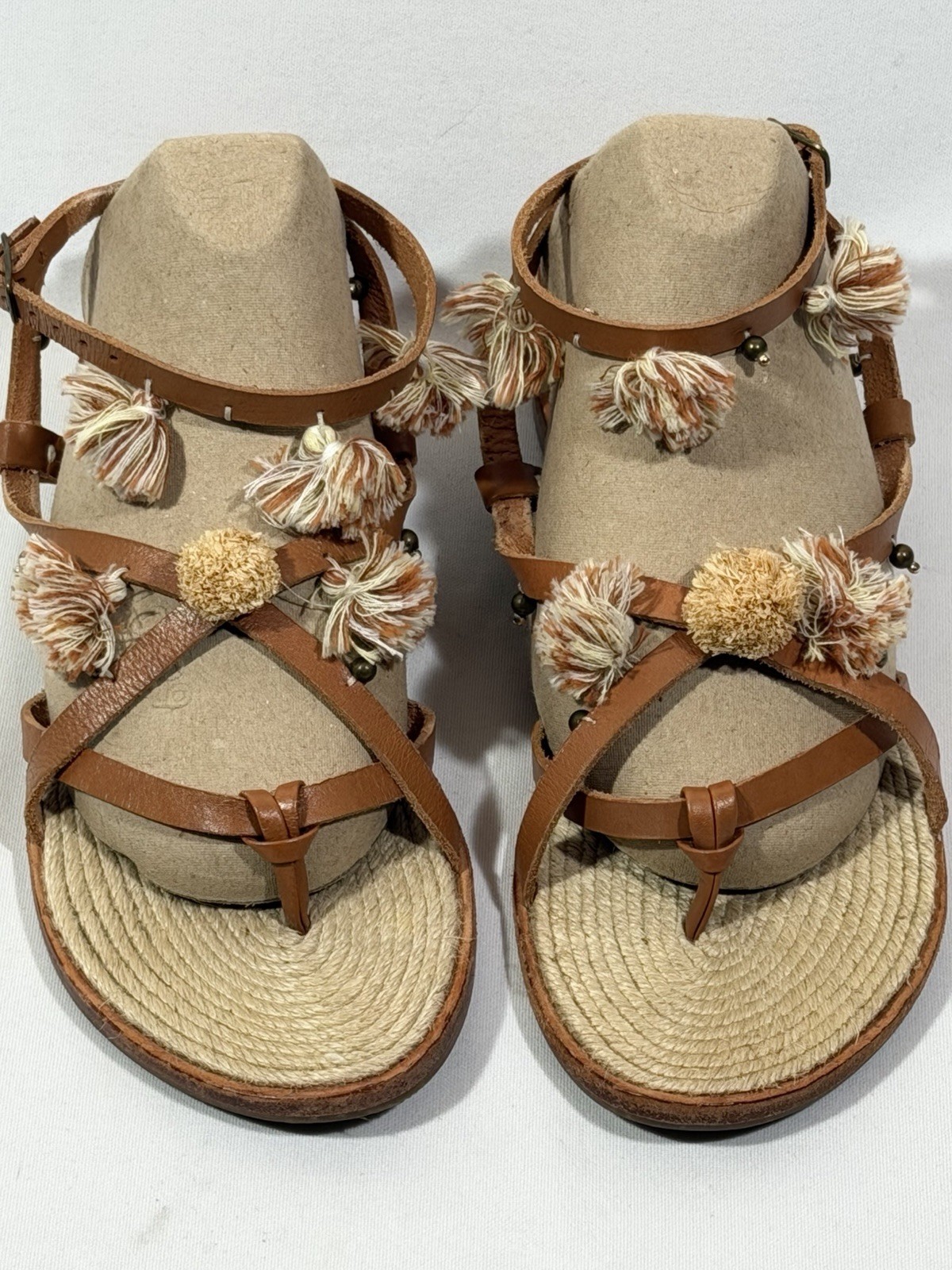 Soludos Pom Pom Sandals Womens 75 Brown Leather Boho Resortwear Tassel