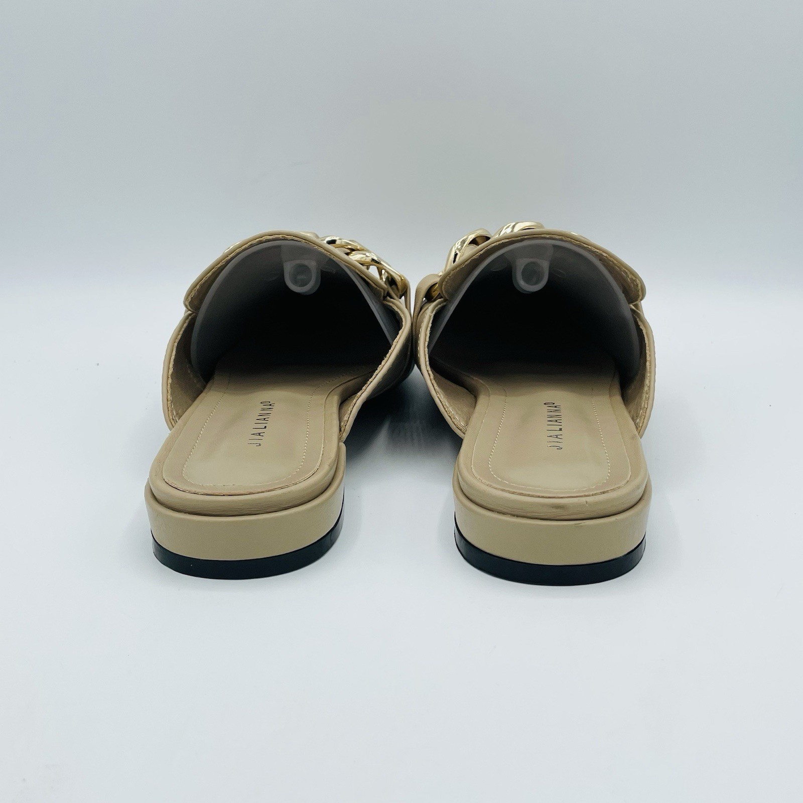 JiaLianNa Shoes Womens Size 7.5 Beige Brown Comfort Mules Heels Gold Chain Slip