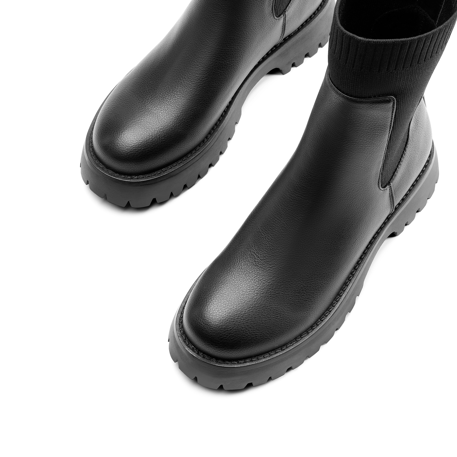Women Platform Chelsea Boots with Ribbed Sock Upper and Lug Sole Mid Calf Boots