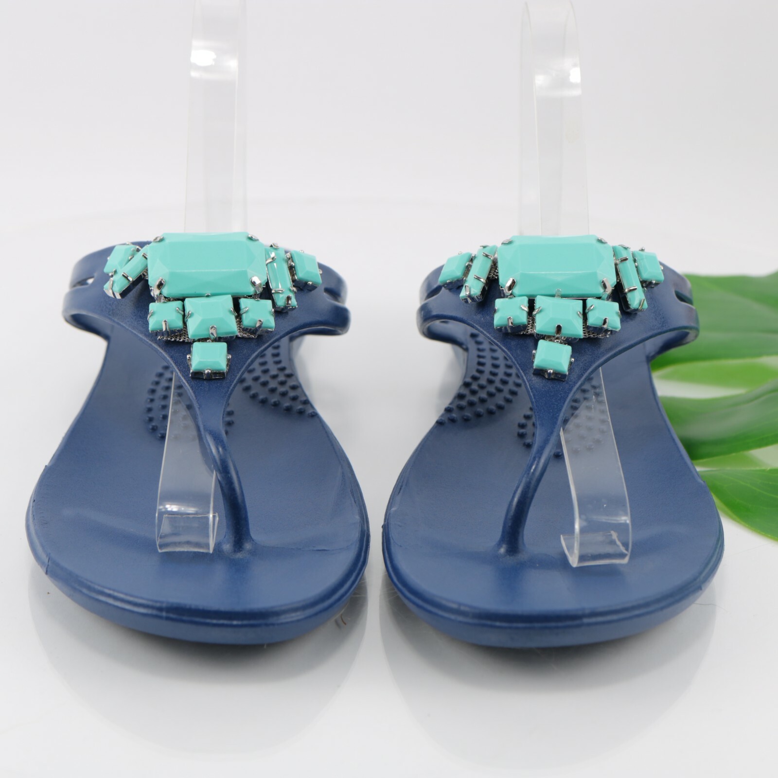 Oka B Womens Sandal Size L 10 Navy Blue Thong Turquoise Beaded Jelly Slide Flat
