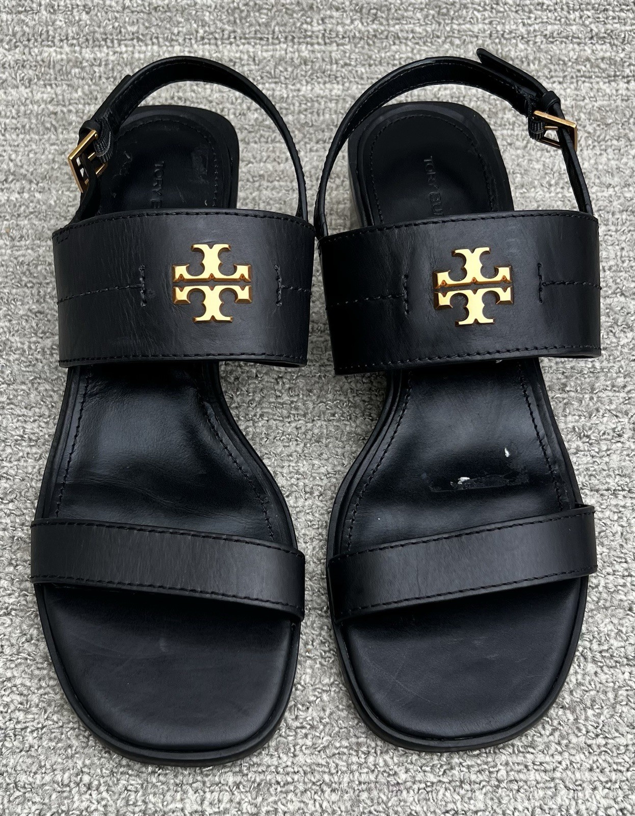 TORY BURCH Eleanor Block Heel Black Leather Sandals Women’s Size 10 US