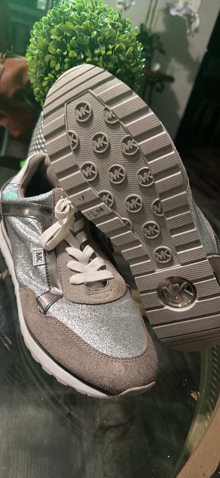 Michael Kors Glitter Logo Lace Up Athletic Sneakers Silver Gray White Leather