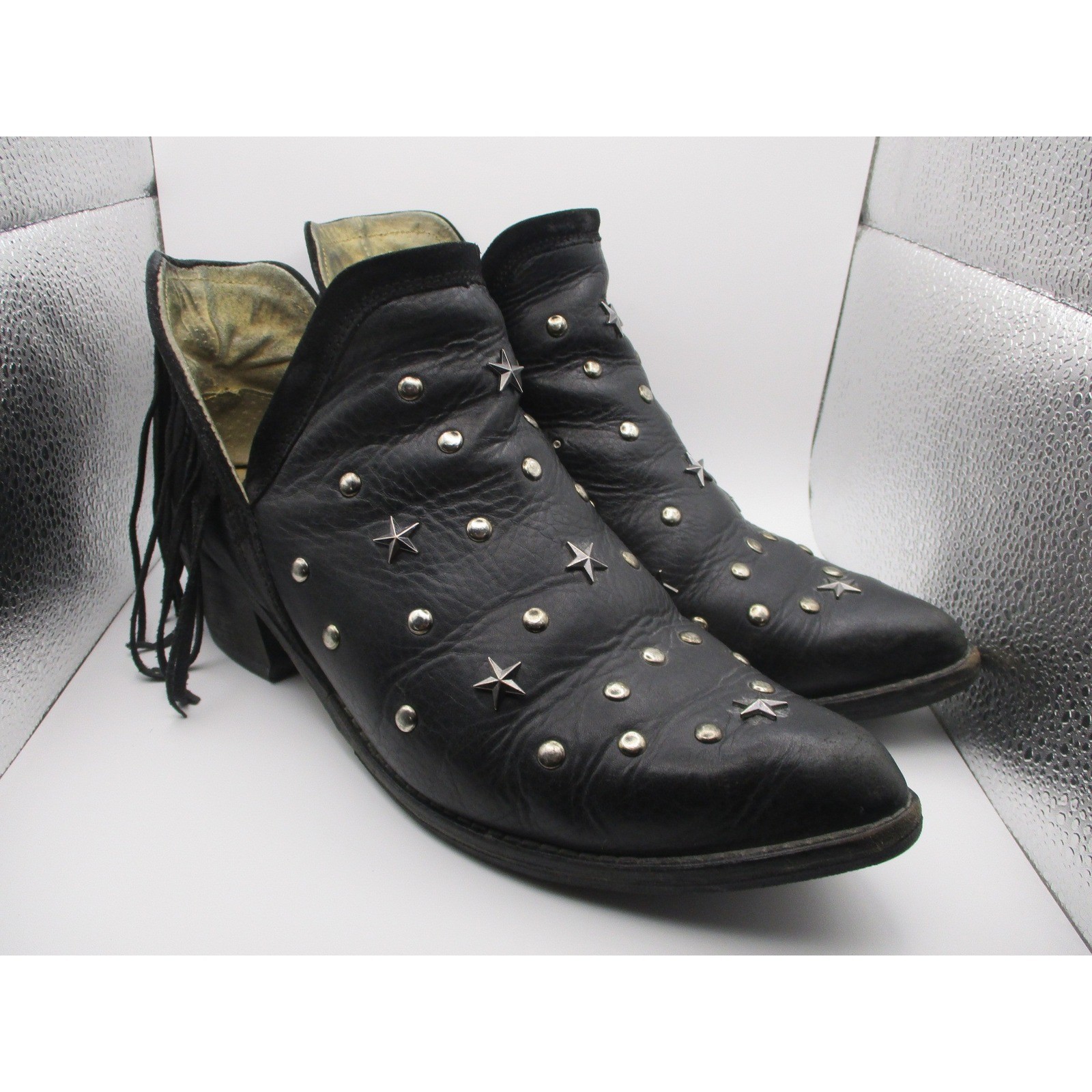Black Leather Star Studded Pointed Toe Ankle Boots Leopard Print Lining Womens