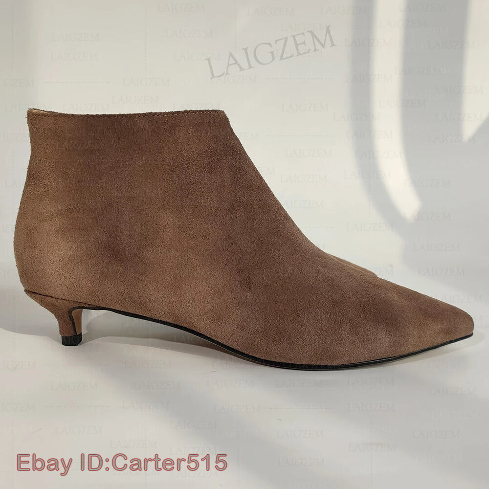 Women Ankle Boots Suede Pointed Toe Side Zip 3.5CM Kitten Heels Short Booties Ha