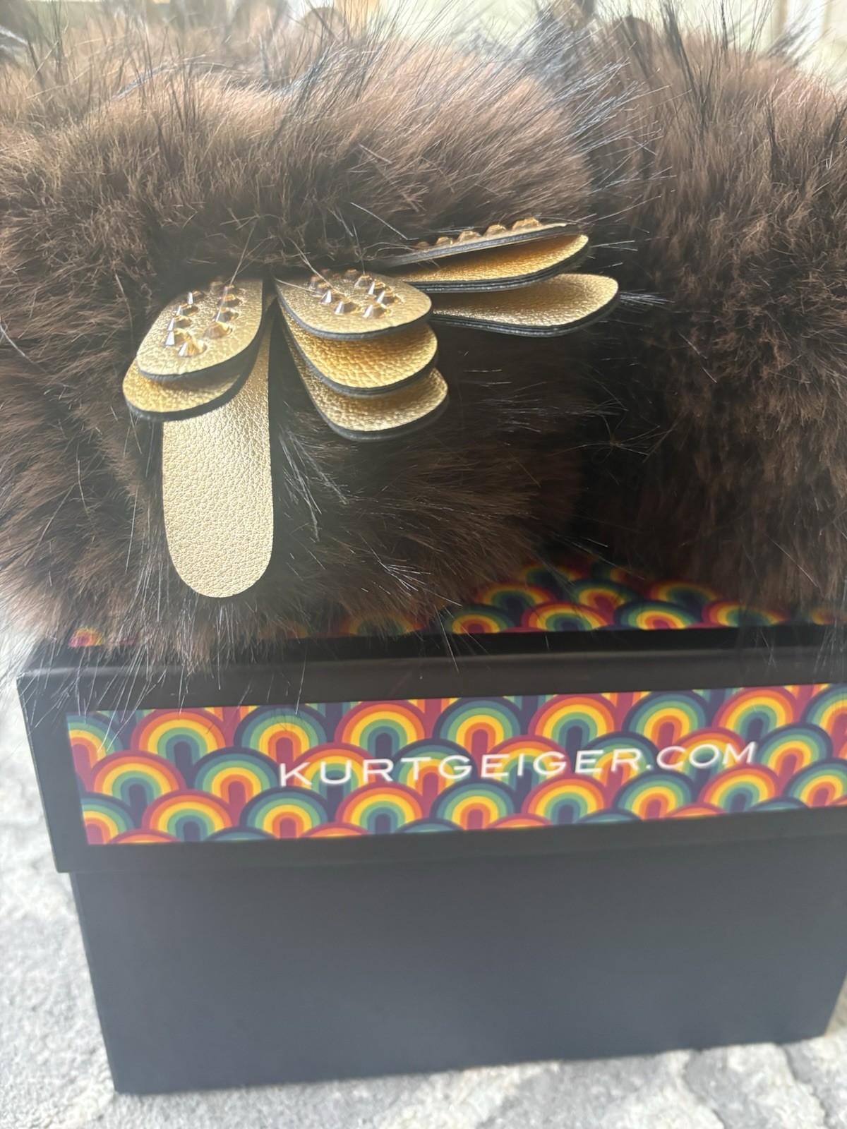 Kurt Geiger London-Eagle Fluff Faux Fur Bedazzled Brown/Gold Slippers, 8/9 New