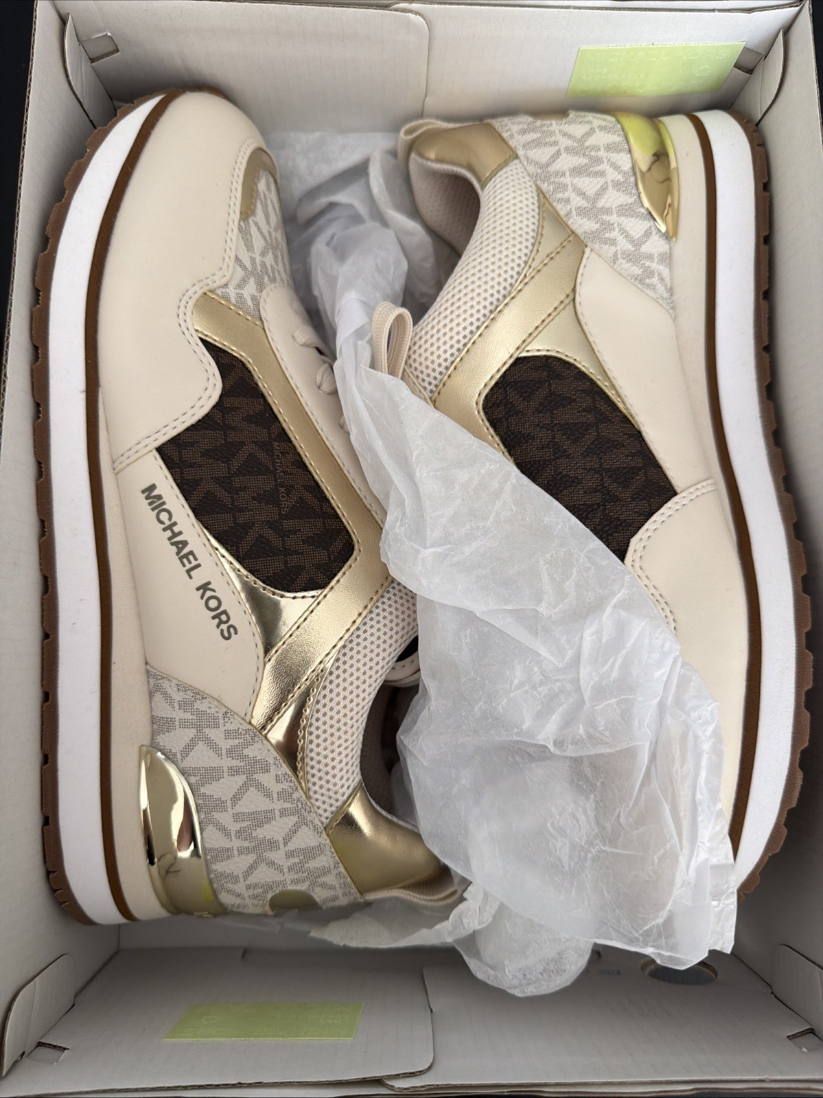 Michael Kors Brown And Beige And Gold Tennis Shoes Size 8 1/2 Women. Wilma Train
