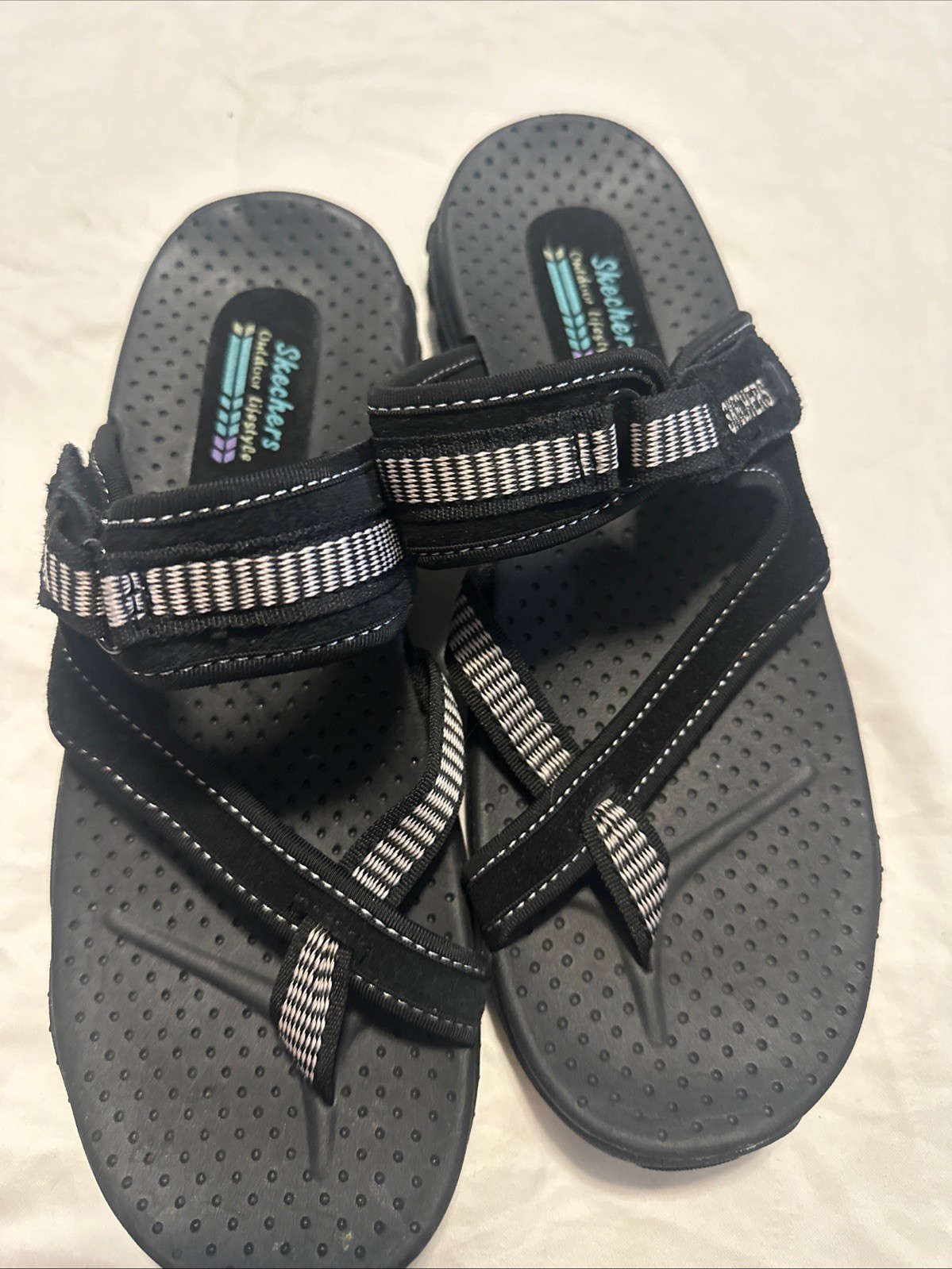 Sketchers Outdoor Women’s Strappy Sandals Black White Size 9 Leather/Textile