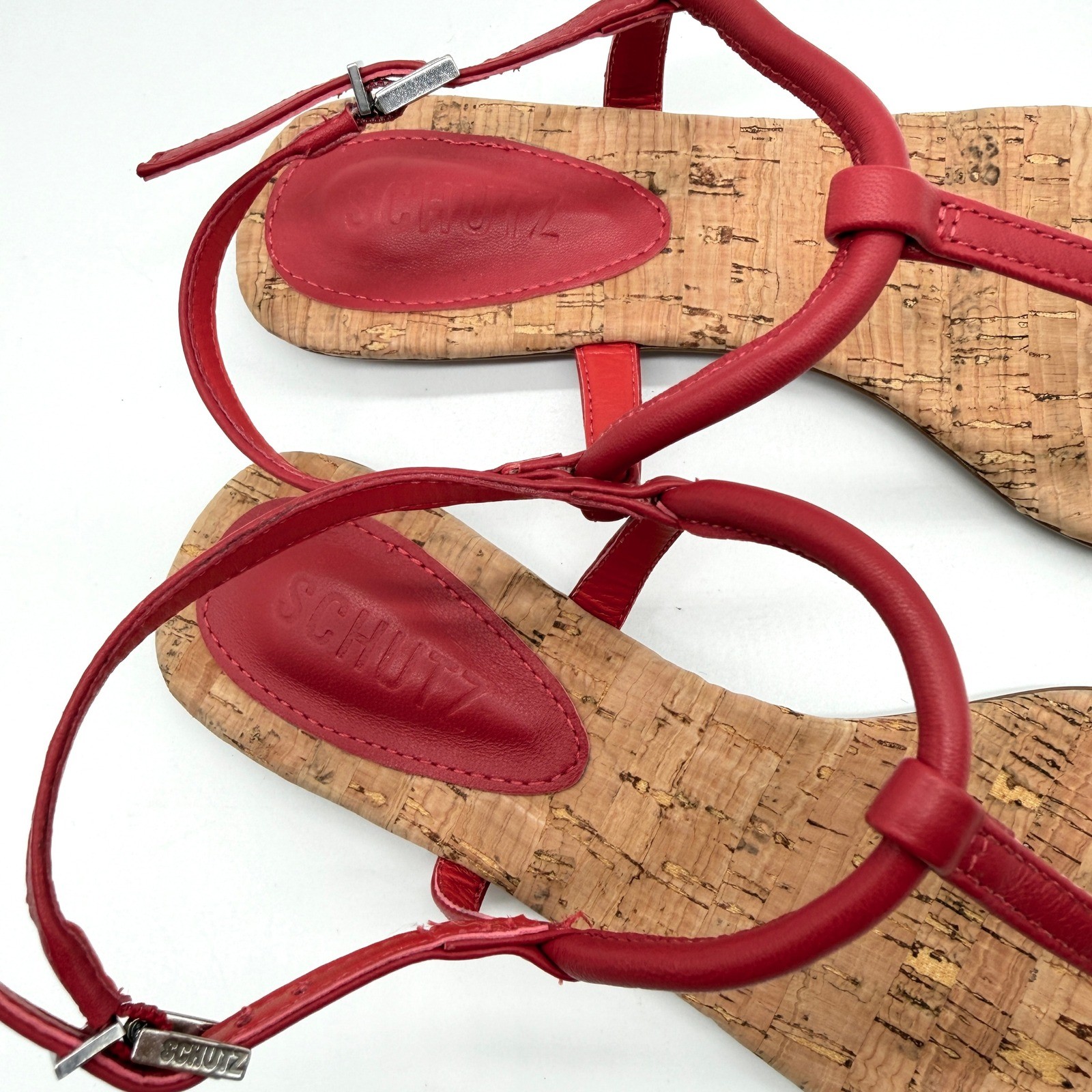 SCHUTZ Elsha Sandals Womens 7B Red Cork Strappy Flat Thong Buckle Ankle Strap