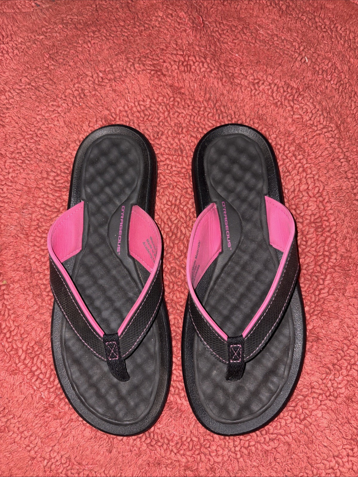O’Rageous Women’s EVA Foam Padded Flip Flops Black Pink Trim Thong Sandal Sz 9 M