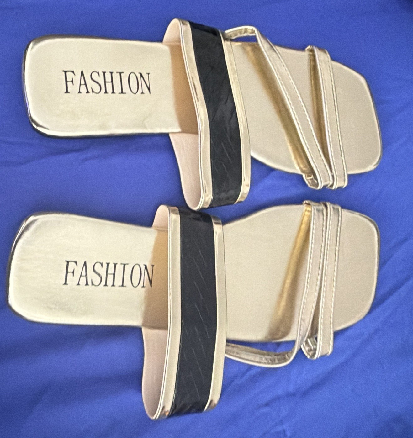 Women’s Strappy Slide Sandals Slip On Beige/Black Solid Rubber Outsole 7