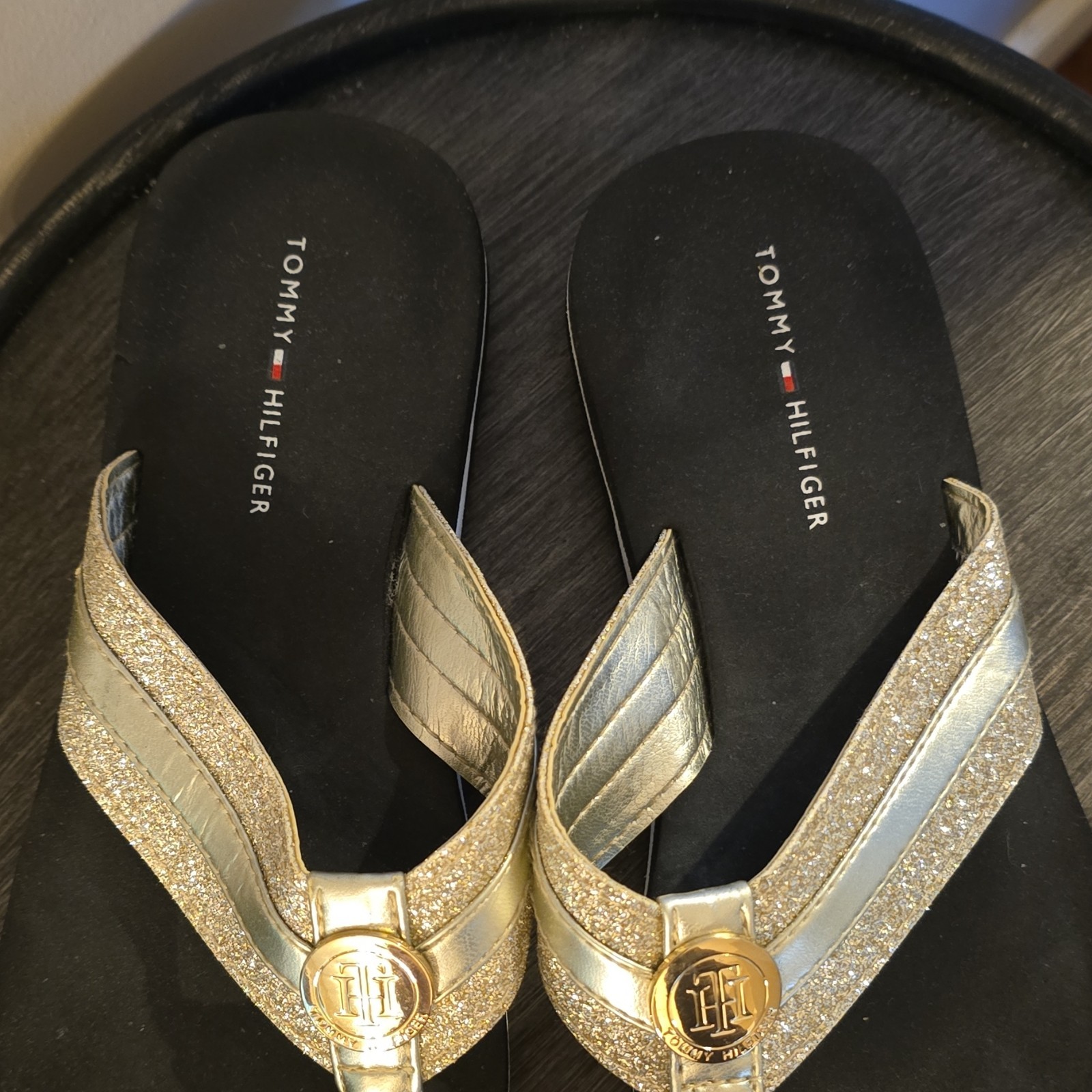 Tommy Hilfiger Gold Black Glitter Logo Thong Straps Sandals Synthetic Women