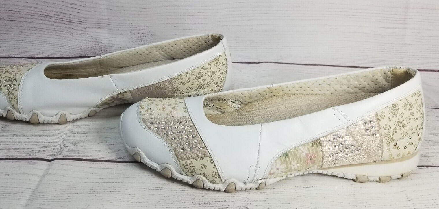 Skechers Womens 10 Floral Patchwork White Leather Textile Sequins Beige Floral