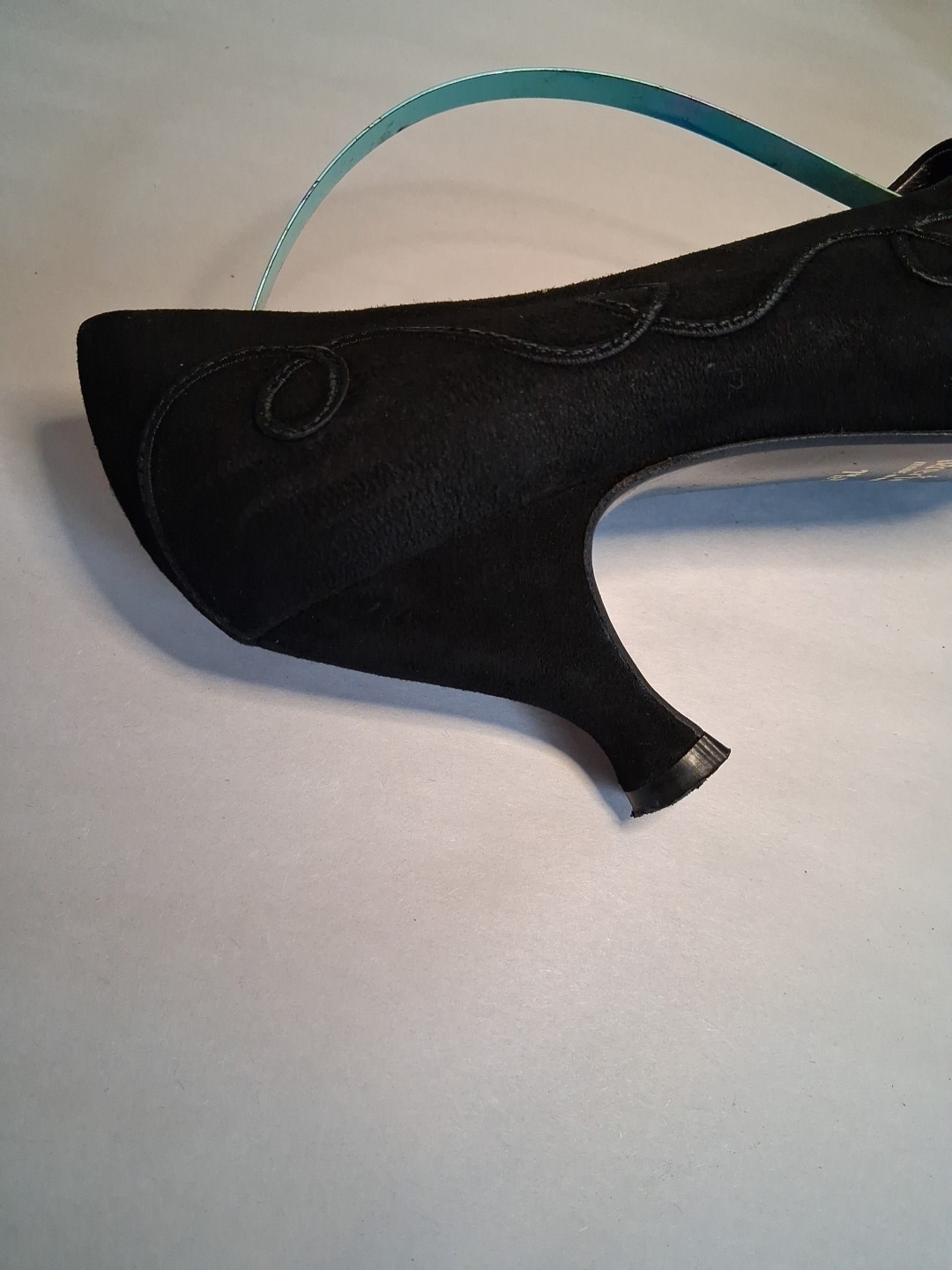 Peter Fox Size 7.5 B Black Suede Flare Heel Pumps Ribbon Ropeing