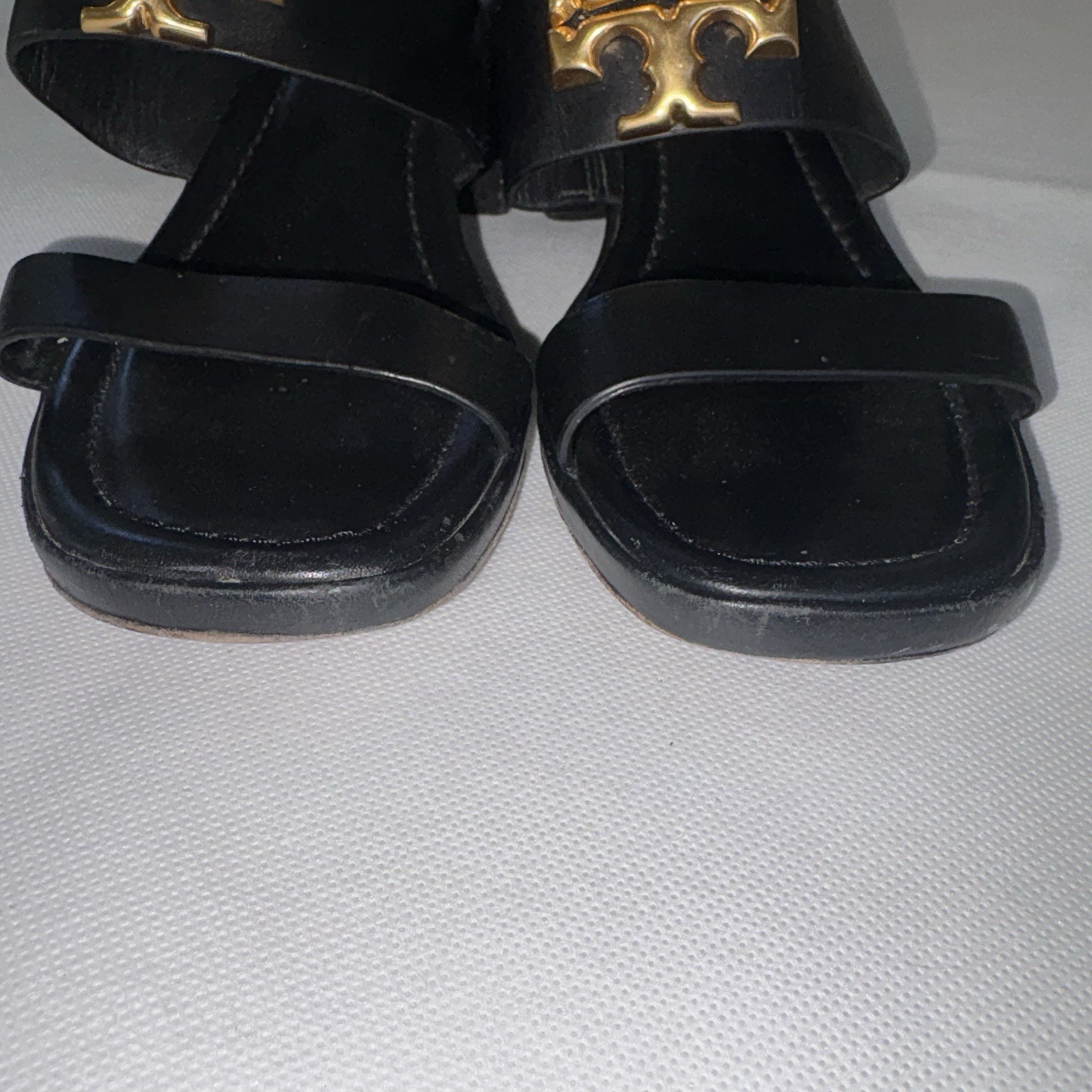Tory Burch Eleanor Black Leather Block Heel Slingback Sandals US 6 Gold Logo