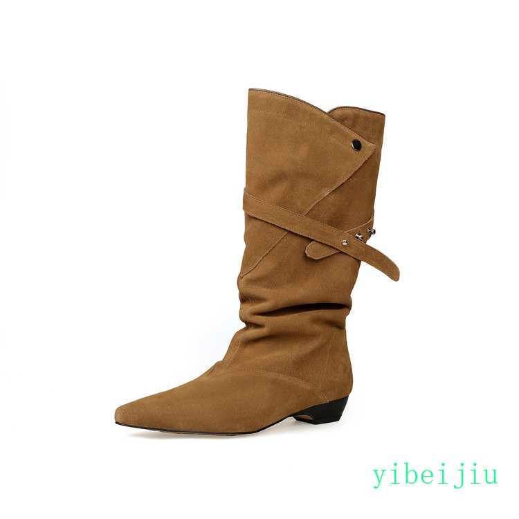 Womens Fashion Mid Calf Slouch Boot Real Suede Leather Pointed Toe Shoes Casual