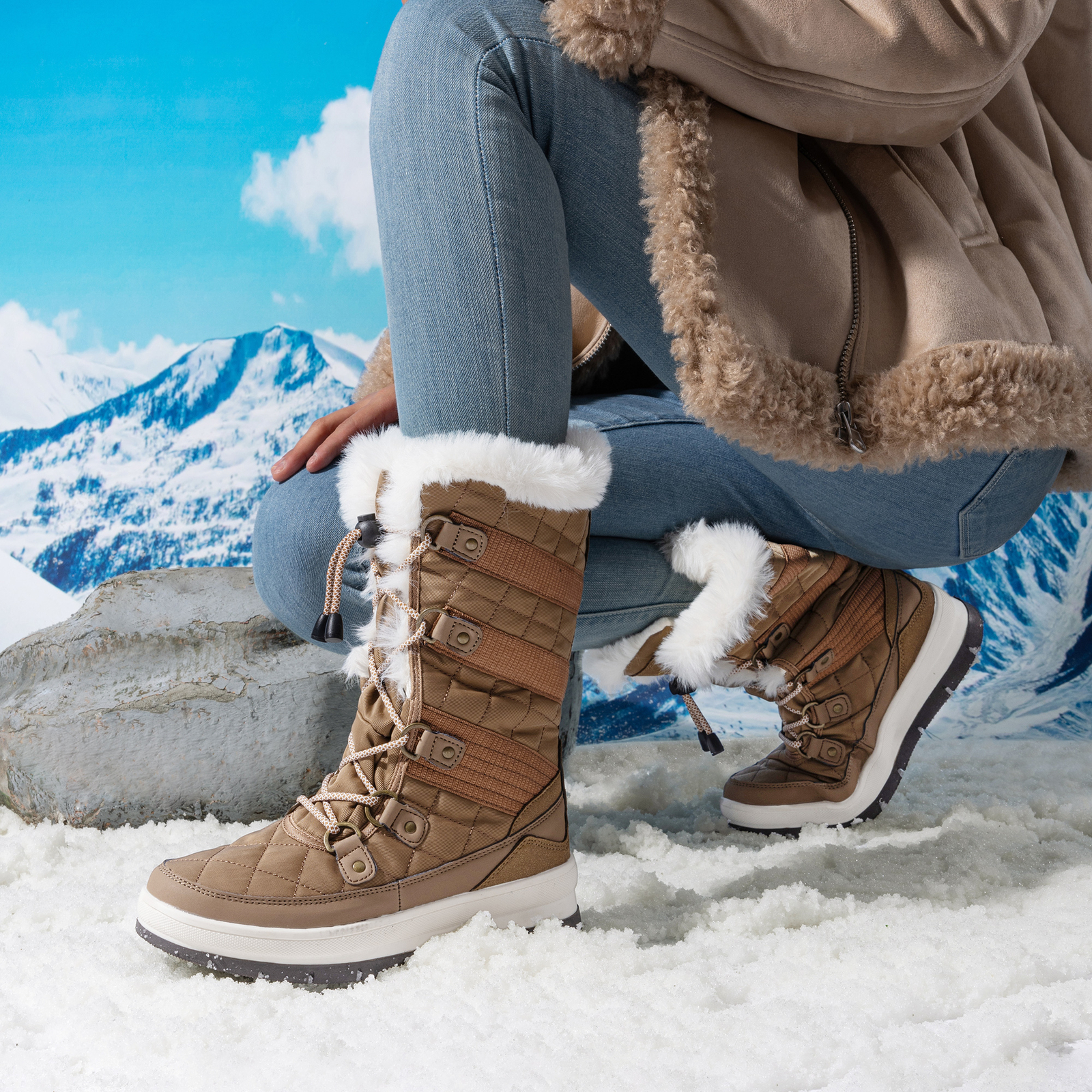 Women’s Snow Boots Soft Warm Fur Lined Lace up Mid Calf Outdoor Indoor Ski Boots