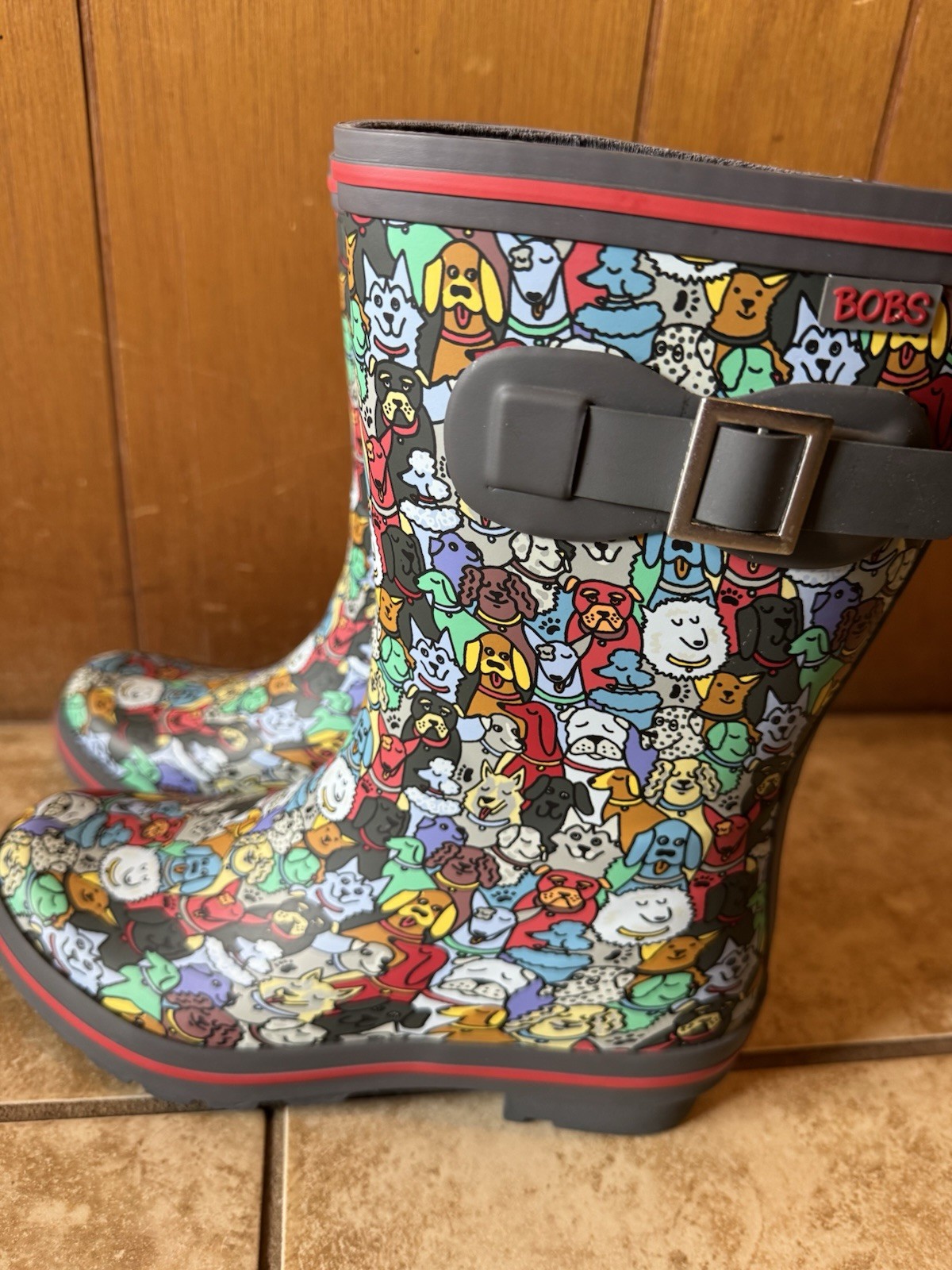 BOBS For Dogs Women’s Waterproof Buckle Mid-Calf Rain Boot Dog Print US 6