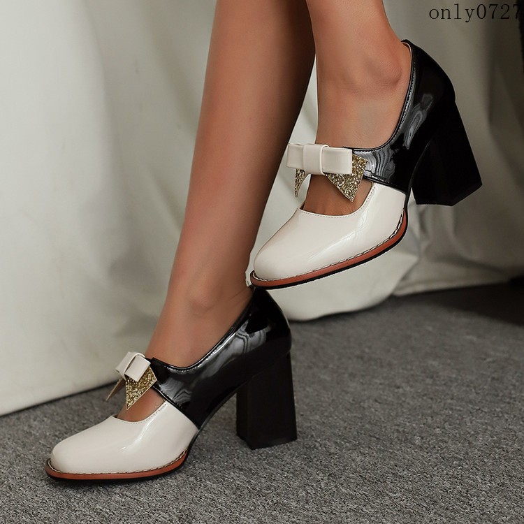 Women’s Colorblock Shiny Faux Leather Bowknot Sequins High Block Heel Shoes Plus