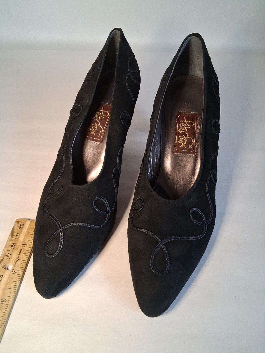 Peter Fox Size 7.5 B Black Suede Flare Heel Pumps Ribbon Ropeing