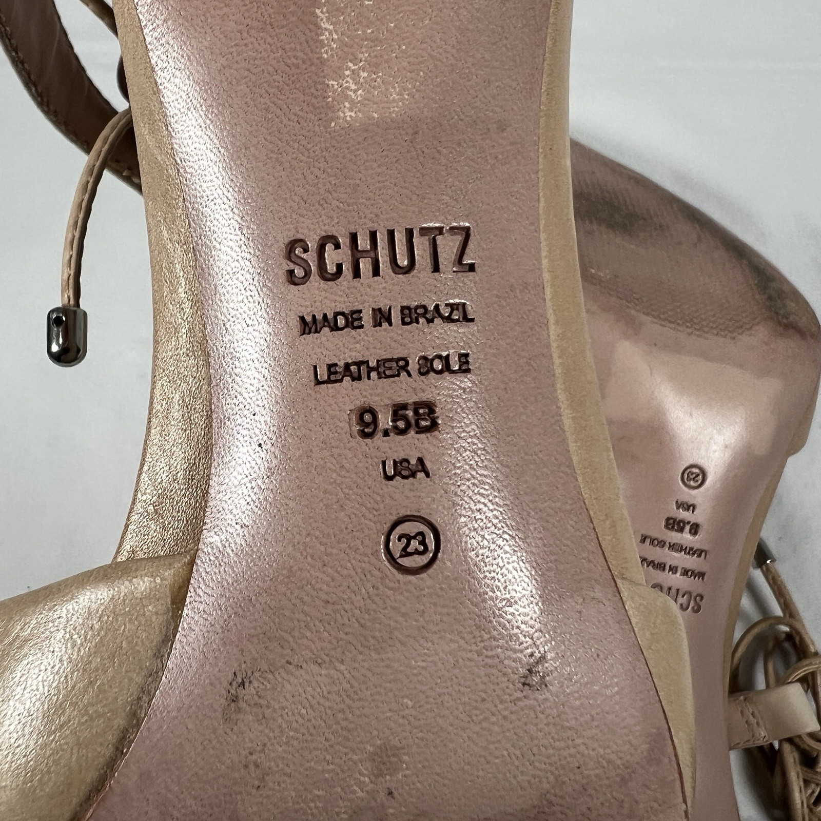 Schutz Nude Leather Pointed Toe Heels Ankle Tie Minimalist Quiet Luxury Sz 9.5B