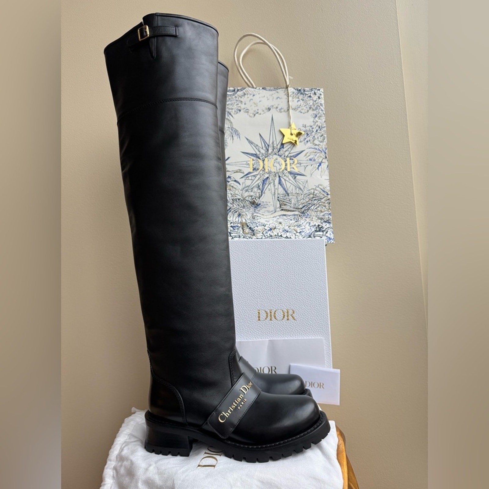 NWT Christian Dior D-Quest Thigh Black Leather Boots, size 37 (US 6-6.5)