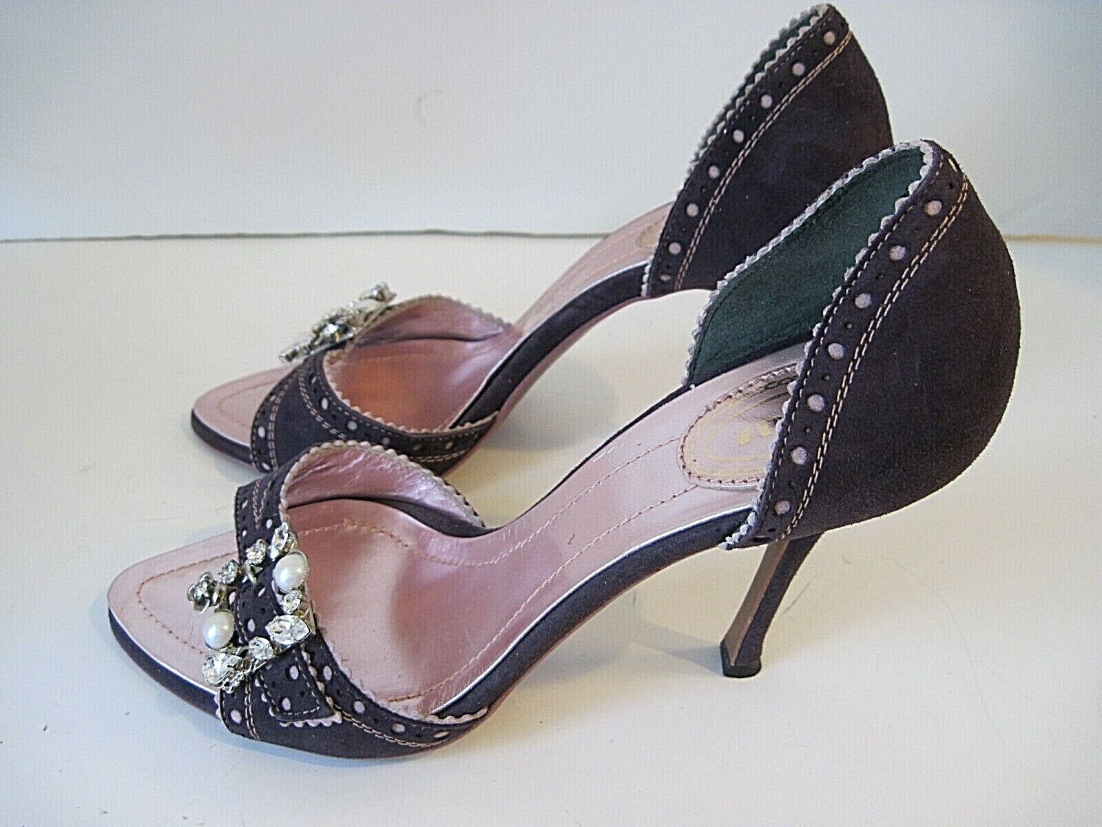 LE SILLA Purple Suede Open-Toe D’Orsay Front Crystals Heels Shoes Size 37