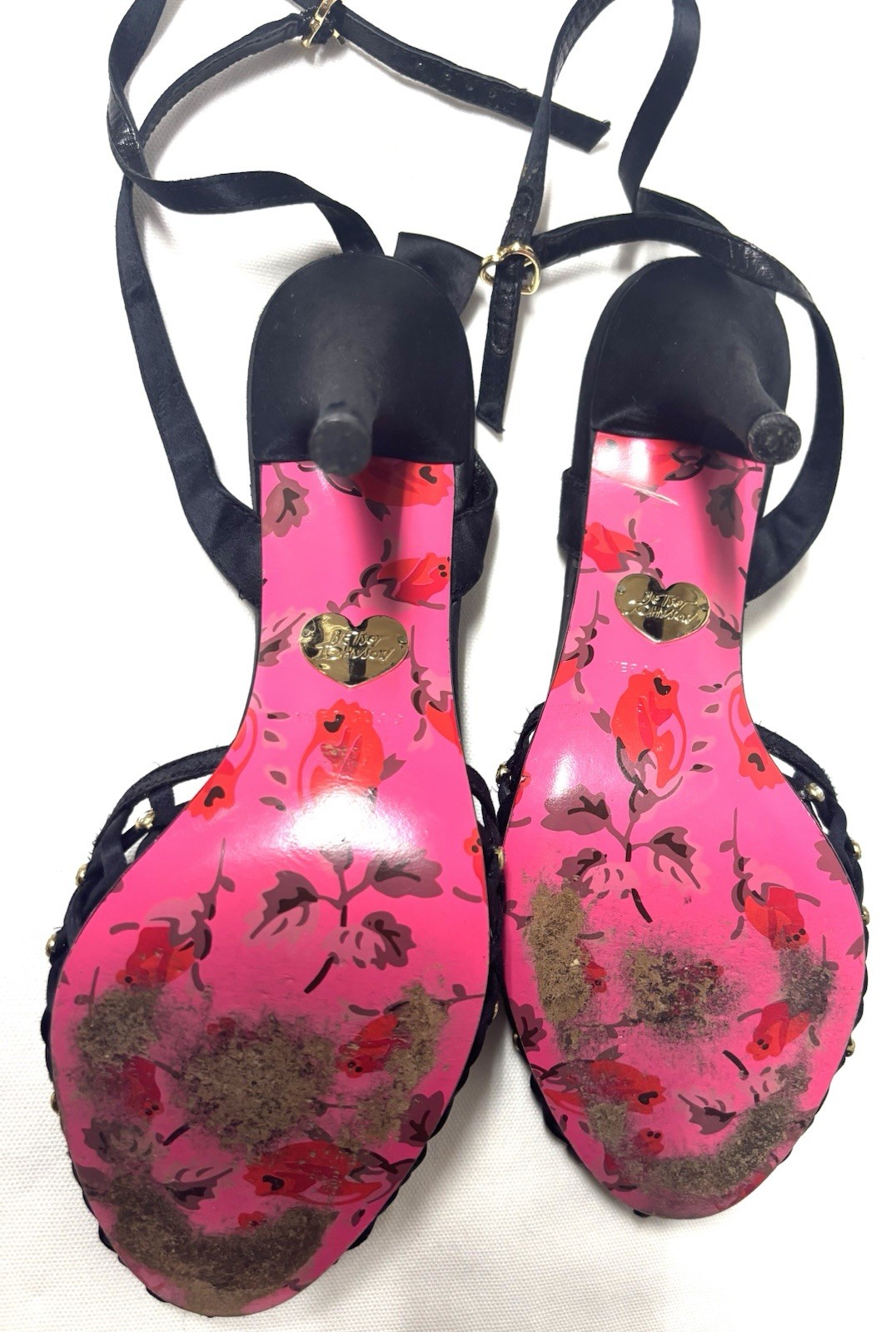 Betsey Johnson Women’s Satin Rhinestone Heels Ankle Strap and Bow Size 9 Black