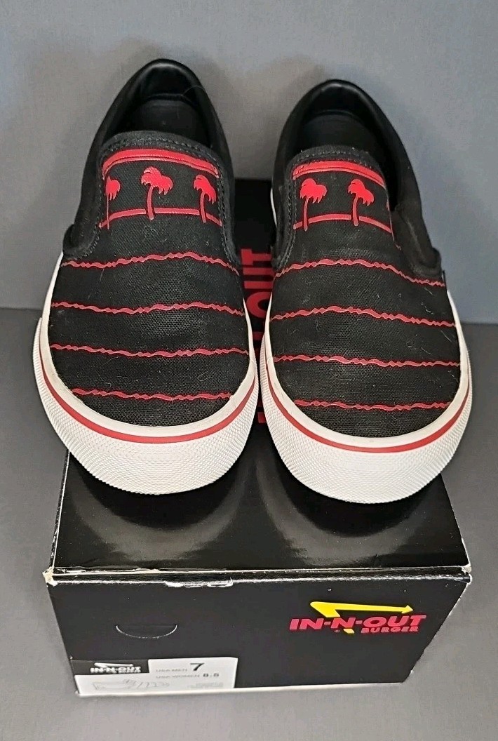 IN ‘N OUT BURGER Drink Cup Shoe Slip On Sneaker Women 8.5 Men 7 Black Red Canvas