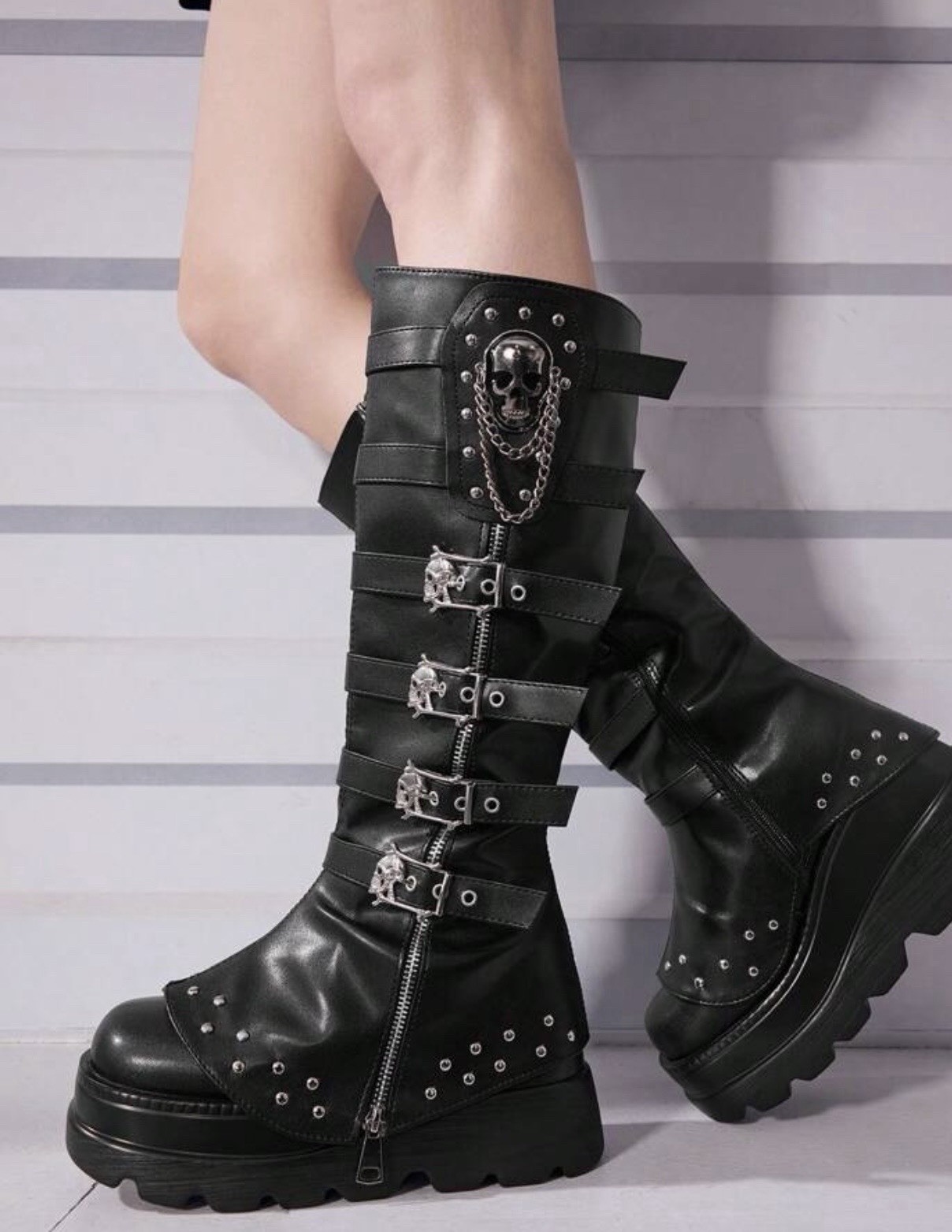 Gothic Skull Chain Platform Knee High Boots Punk Cyber Goth Black US 7