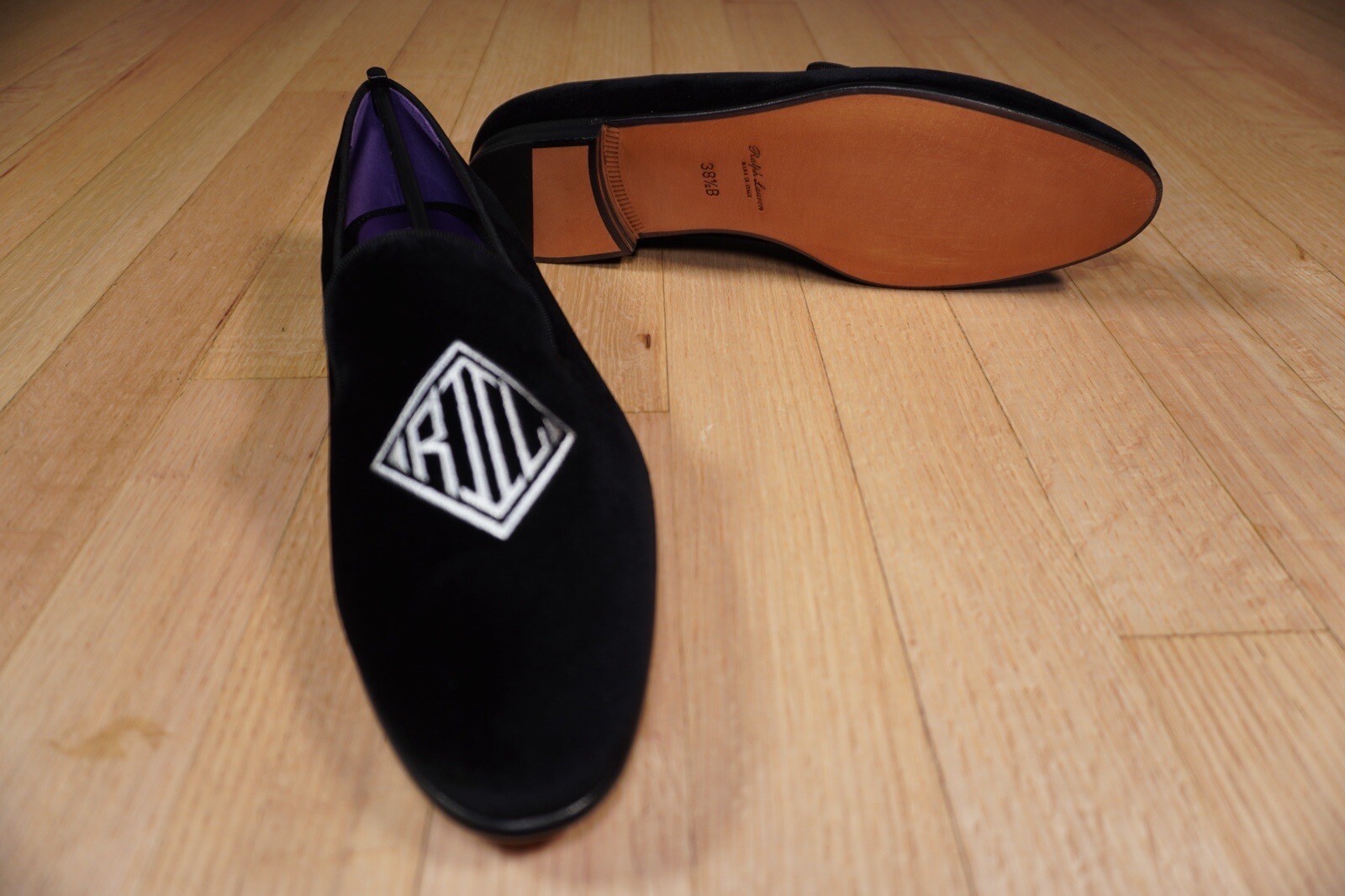 Ralph Lauren Purple Label Alonzo Deco Slipper Black Size 8B Velvet Brand New