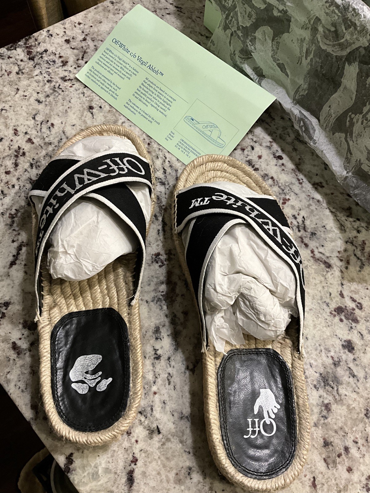 Off-White Black & White Logo Cross Strap Espadrille Slide Sandal Size Us8 Eu38