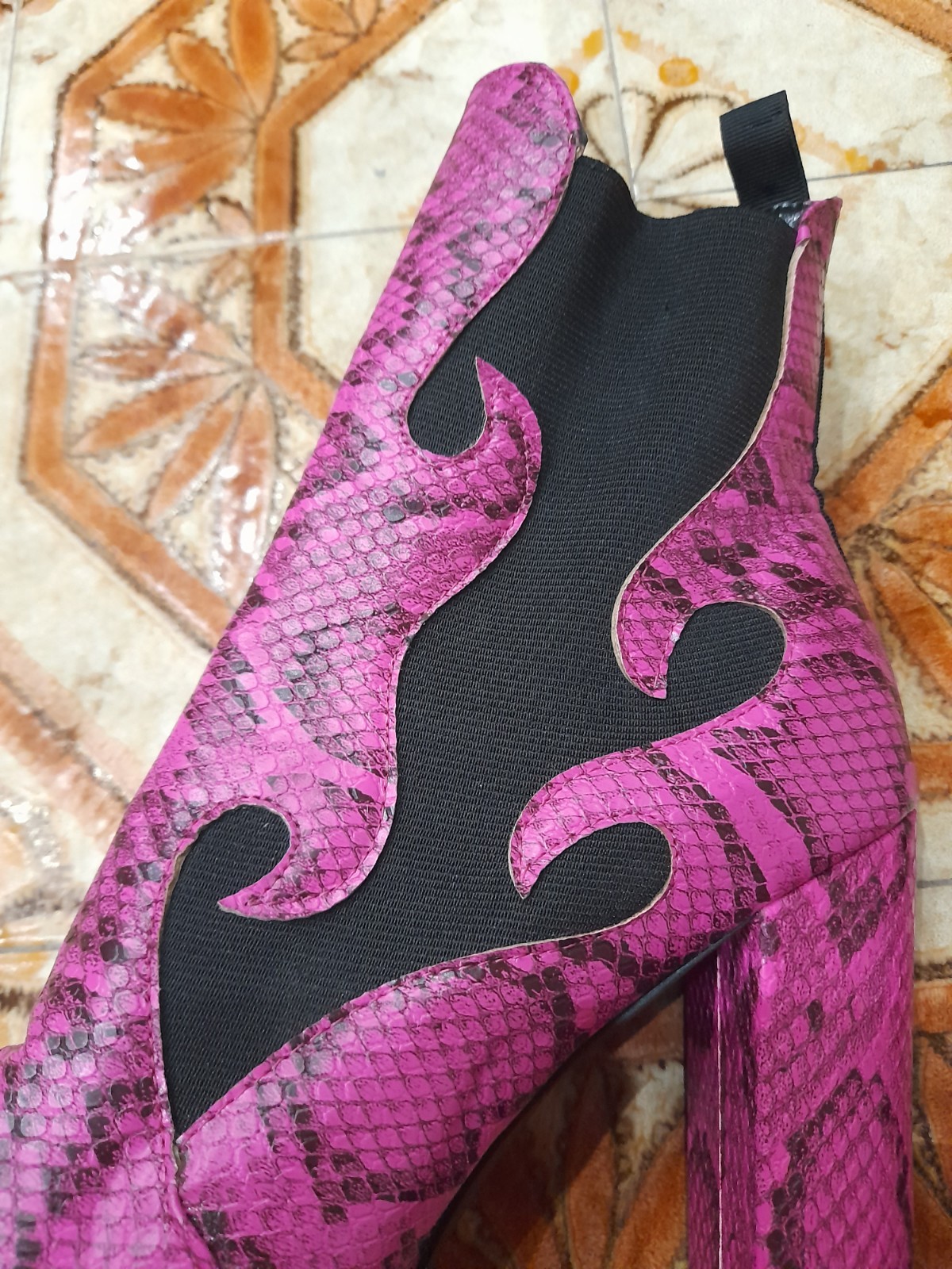 Ankle Boots Snake Print Magenta And Black With Flames Trash Fash High Heels 38