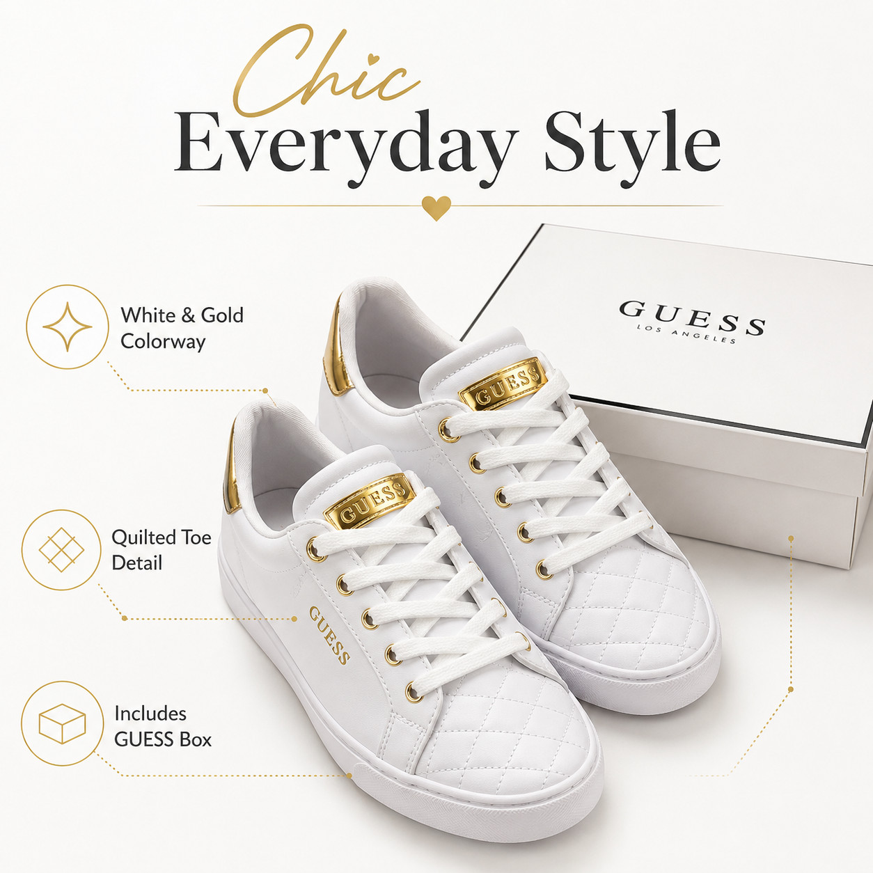 GUESS White/Gold Low Top Sneakers Lace Up Quilted Shoes Size 8 || Free Shipping