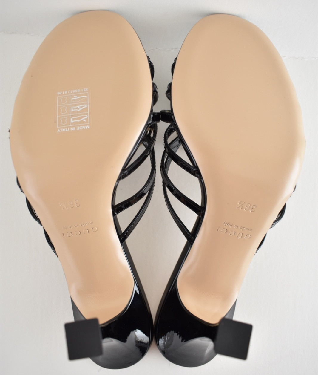 Gucci Interlocking G 85mm Black Patent Crystal GG Logo Heel Mule Sandal 36.5