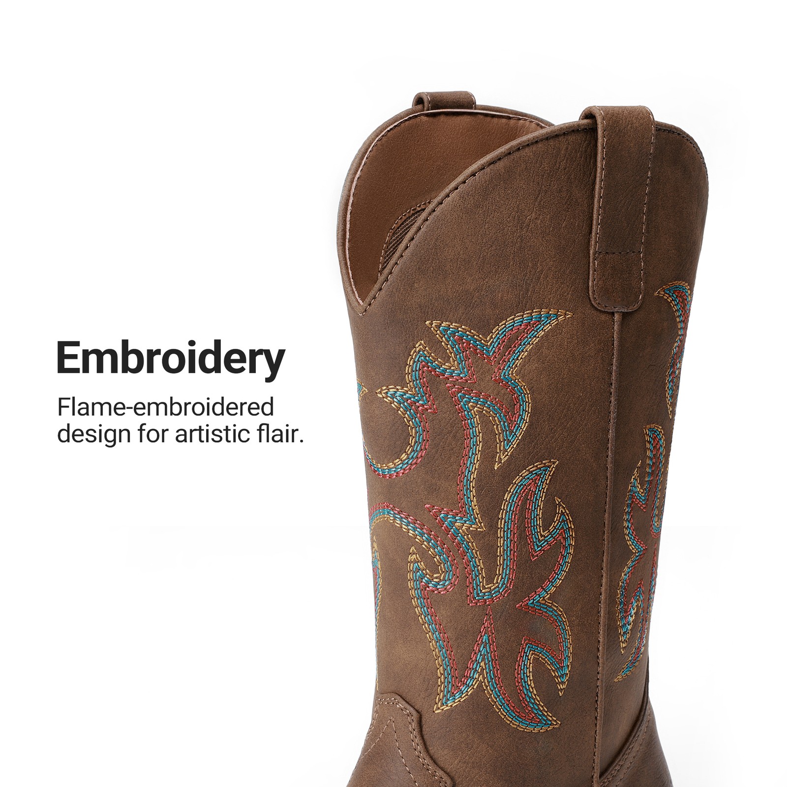 Women Western Mid Calf Wide Square Toe Pull-On Embroidered Stitched Retro Boots