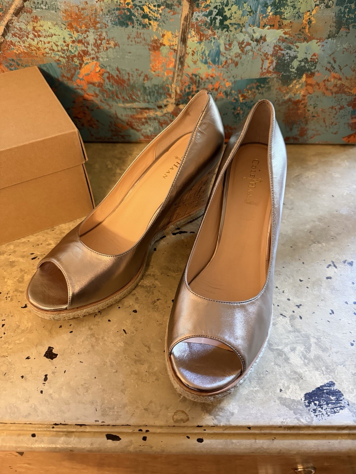 Cole Haan Metallic Gold Leather Peep Toe Cork Wedge Heel-!!M-New