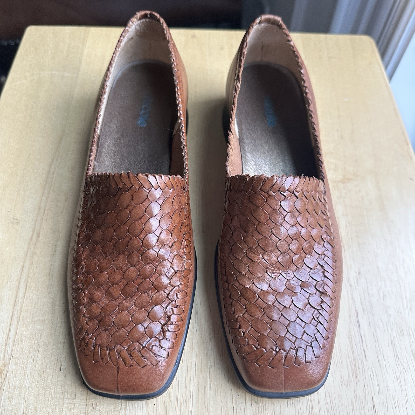Nicole Slip-on Shoes Women’s Size 7.5 Brown Leather Woven Square Toe Brazil