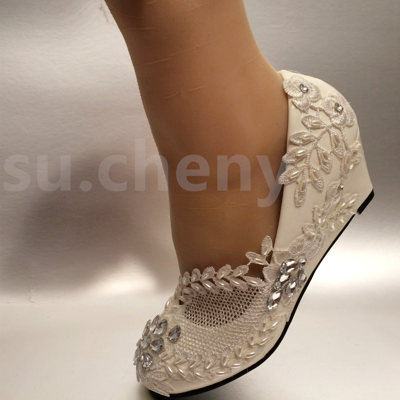 su.cheny White ivory wedge pearls lace crystal rhinestone Wedding Bridal shoes
