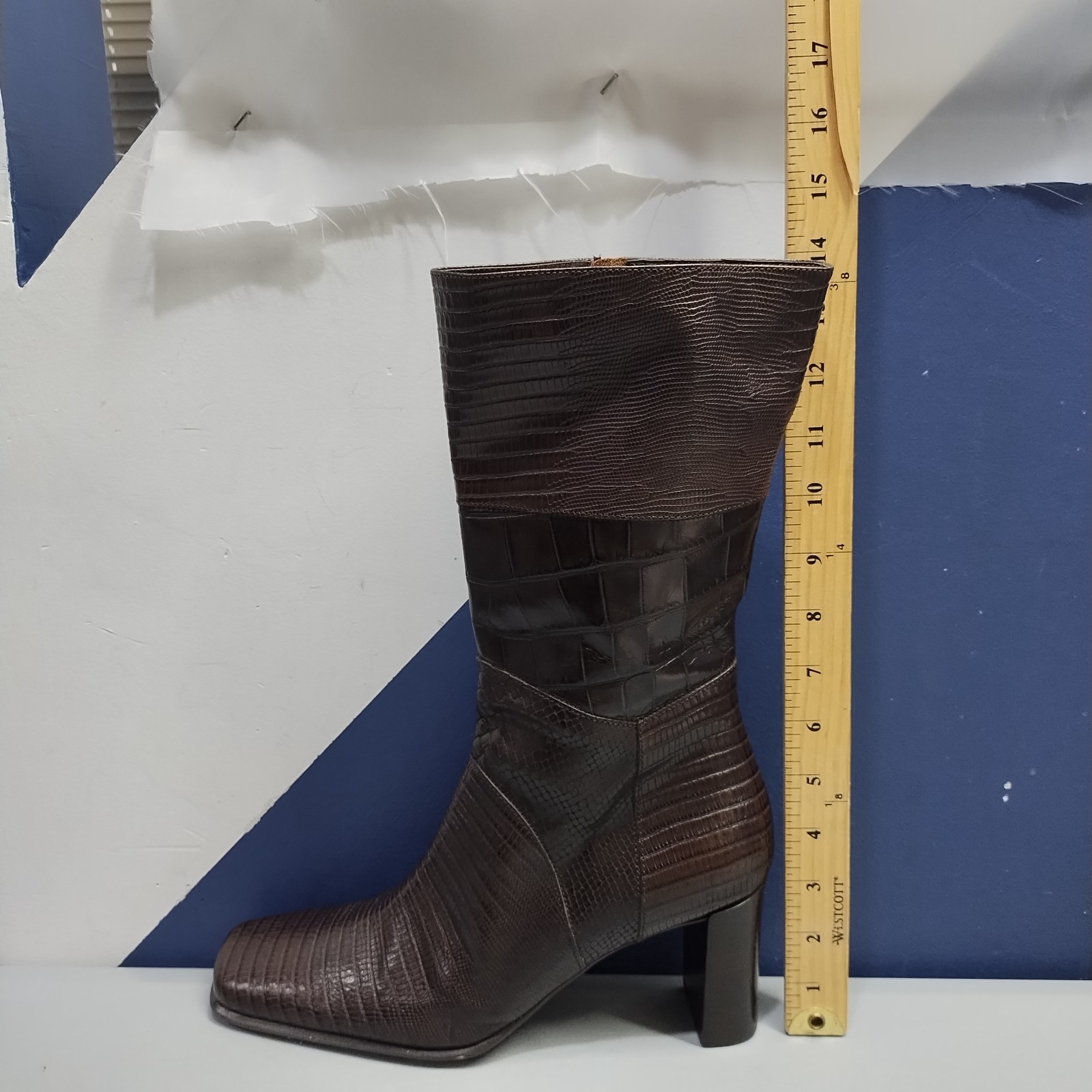 Via Spiga Mid Calf Boots Womens US 10M Brown Alligator Print Square Toe Side Zip