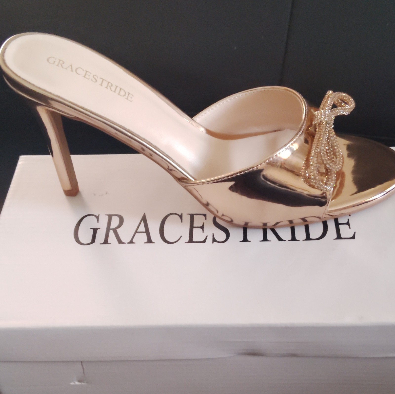 GRACESTRIDE Gold Vegan Leather Rhinestone Bow Open Toe Mule Stiletto US 10