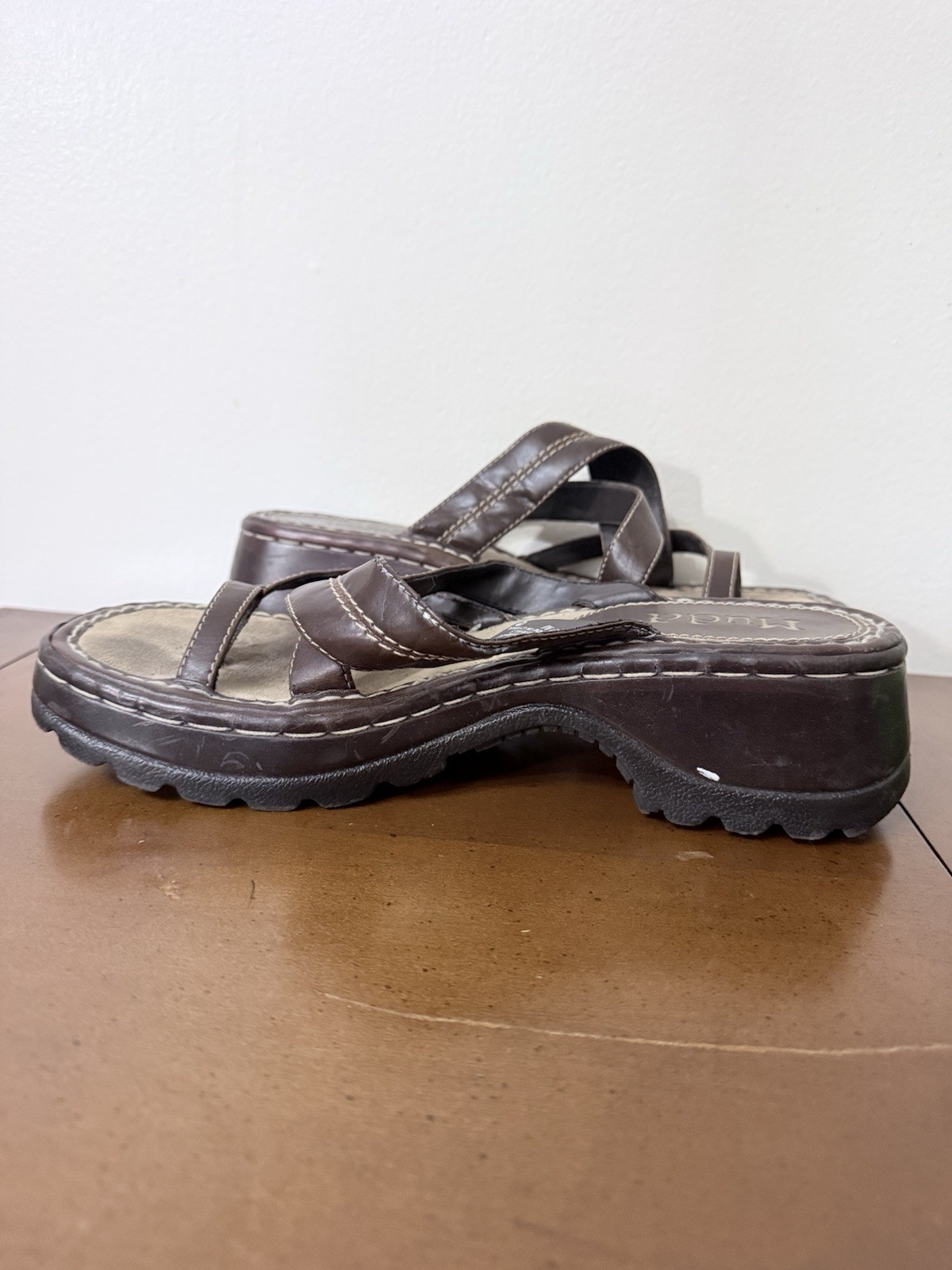 Vintage Y2K Mudd Chunky Platform Wedge Brown Strappy Slip On Sandal 10M Boho