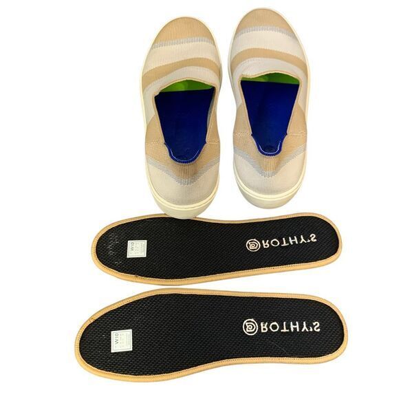 Rothy’s Birch Stripe Slip On Sneaker in tan, blue silver and white. Size 10
