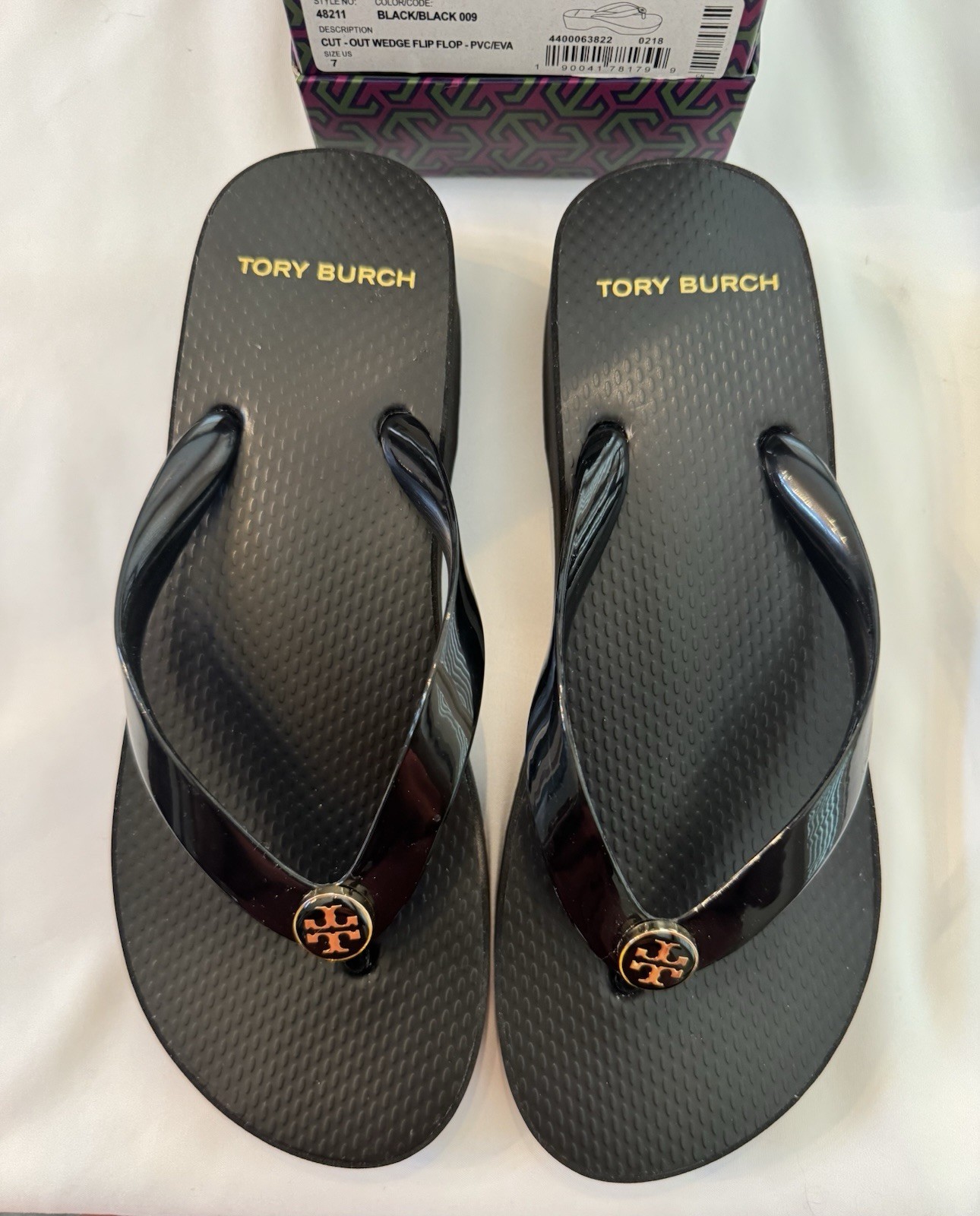 Tory Burch Women’s Black Wedge Flip Flop Sandals Logo PVC US 7