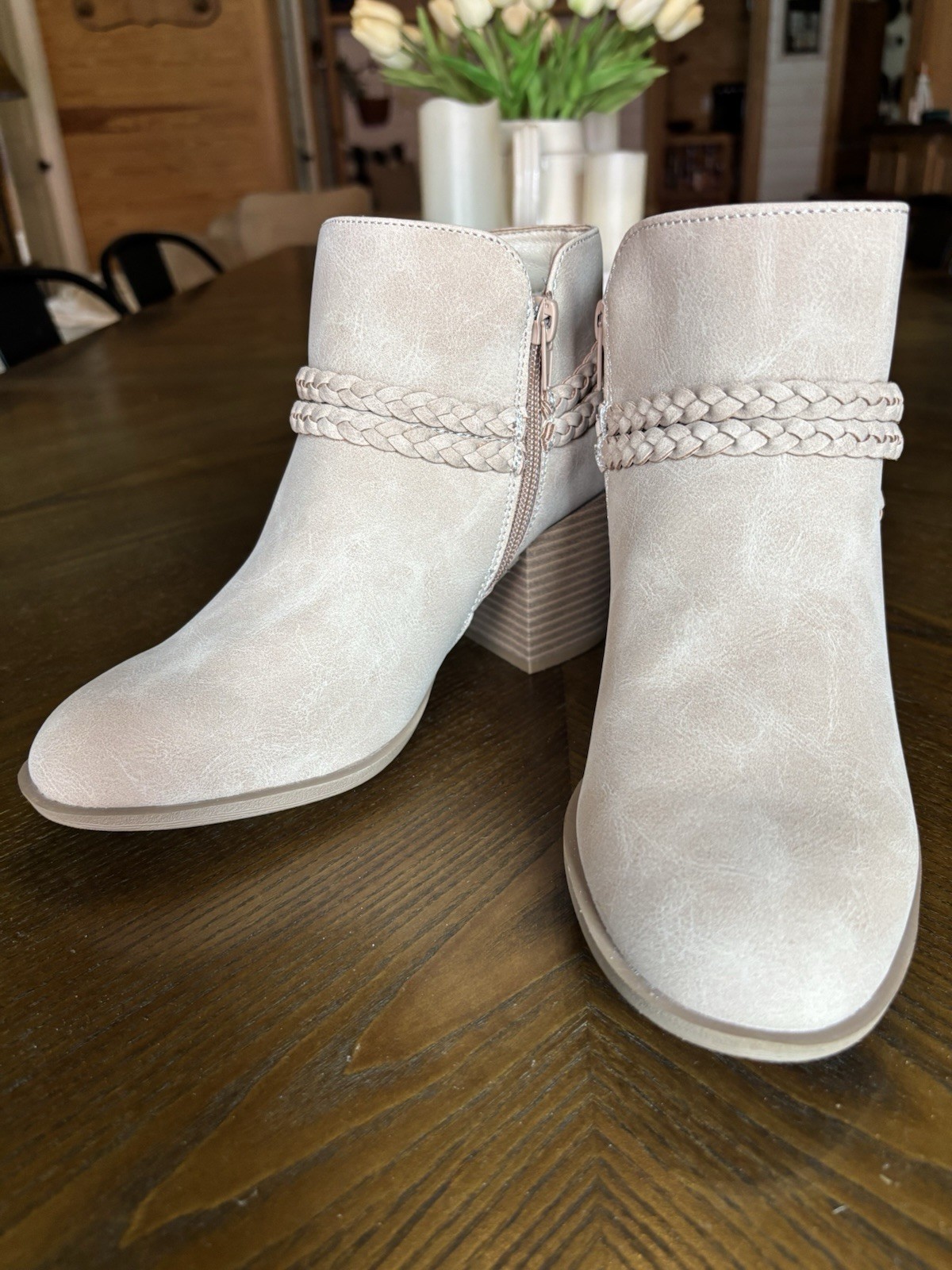 Sugar Sandlot Braided Strap Ankle Booties Women’s 8 Nude Beige Block Heel NIB