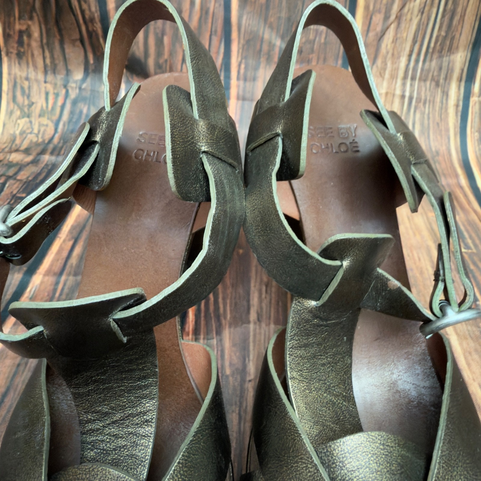 See by Chloé Metallic Bronze Woven Leather Platform Sandals Size 40 T-Strap